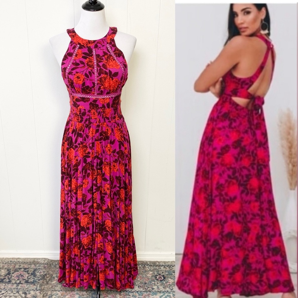 Anthropologie Abel The Label Charlotte Open Tie Back Halter Floral Maxi Dress XS